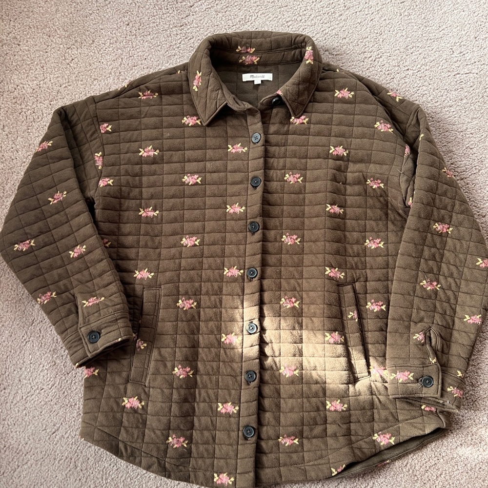 Madewell Olive Quilted Jacket with Pink Floral Accents